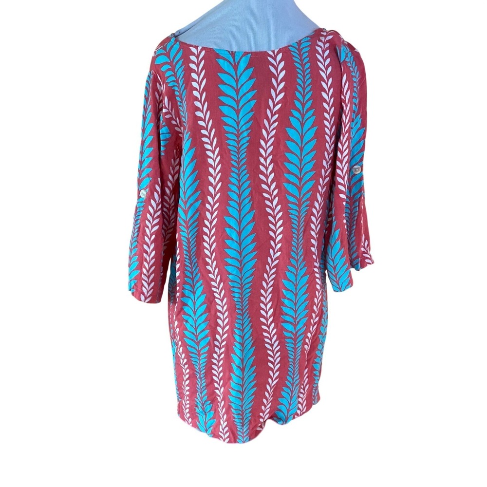 Escapada Coral Turquoise Leaf Print V-Neck 3/4 Sleeve Tunic Top Size Medium - Picture 4 of 6
